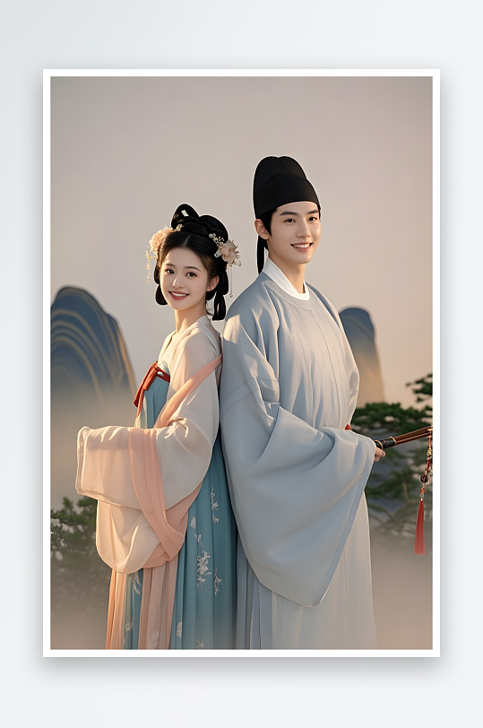 摘花七夕情人节古代人汉服情侣摄影-众图网