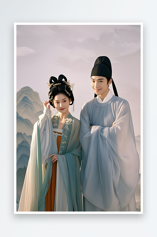 摘花七夕情人节古代人汉服情侣摄影-众图网