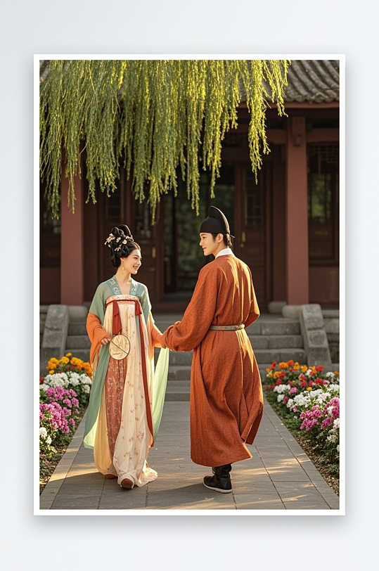 摘花油纸伞七夕情人节古代人汉服情侣摄影-众图网