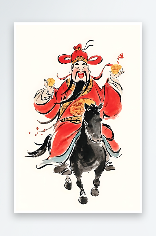 水墨马年新年财神爷骑马马上发财插画-众图网