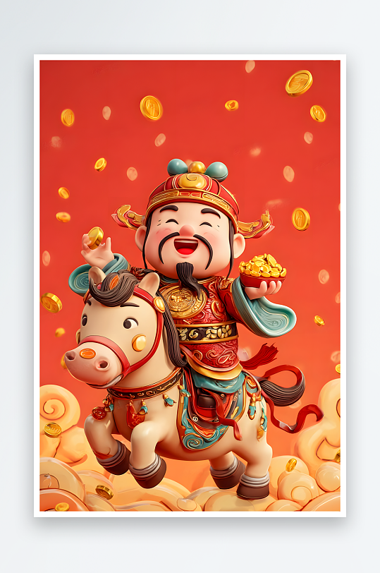 水墨马年新年财神爷骑马马上发财插画-众图网