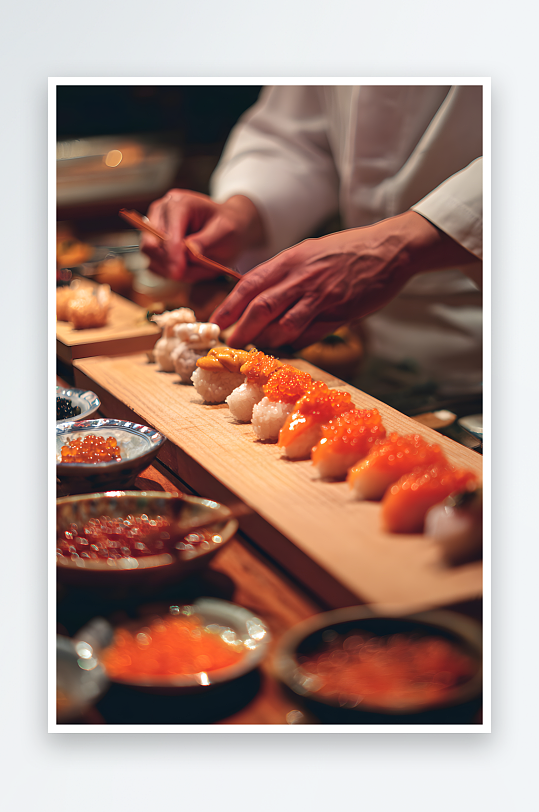 日料店居酒屋厨师做鱼子酱寿司摄影图-众图网