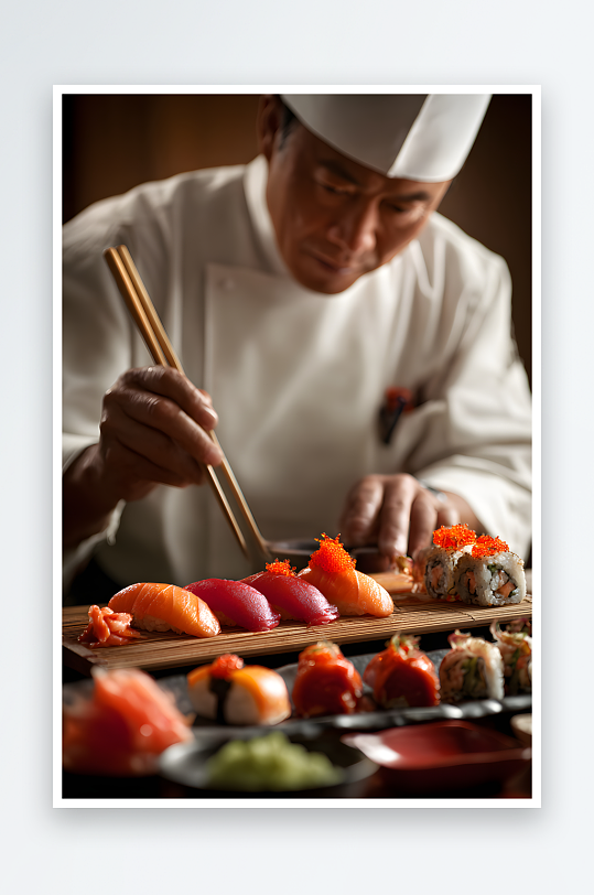 日料店居酒屋厨师做寿司摆盘摄影图-众图网