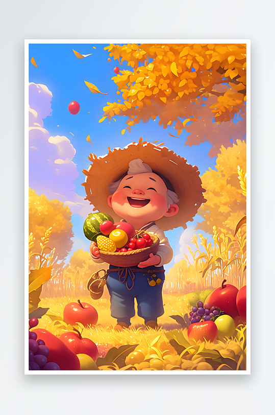 秋季农民丰收节水果大丰收橙子卡通人物插画-众图网