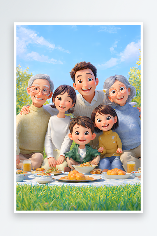 老年人养老旅行一家人全家福祖孙三代人物插画-众图网