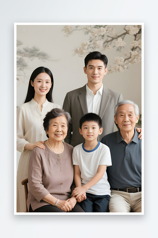 一家人庭院绿植全家福祖孙三代人物摄影图-众图网