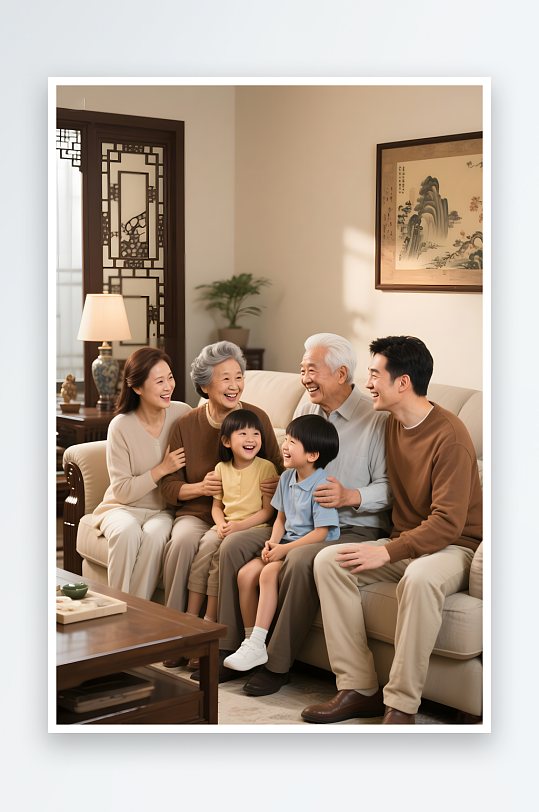 一家人老年人养老庭院绿植全家福祖孙三代人物摄影图-众图网
