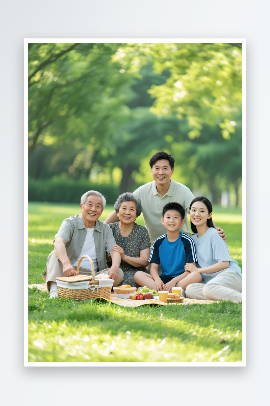 一家人老年人養(yǎng)老逛公園綠植全家福祖孫三代人物攝影圖素材