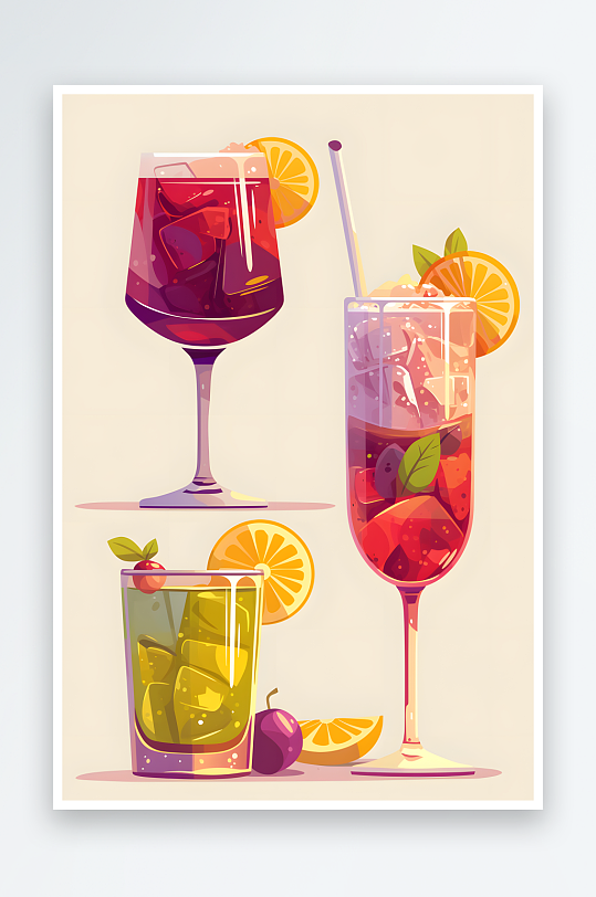 水彩手绘水果鸡尾酒调酒饮品插画元素