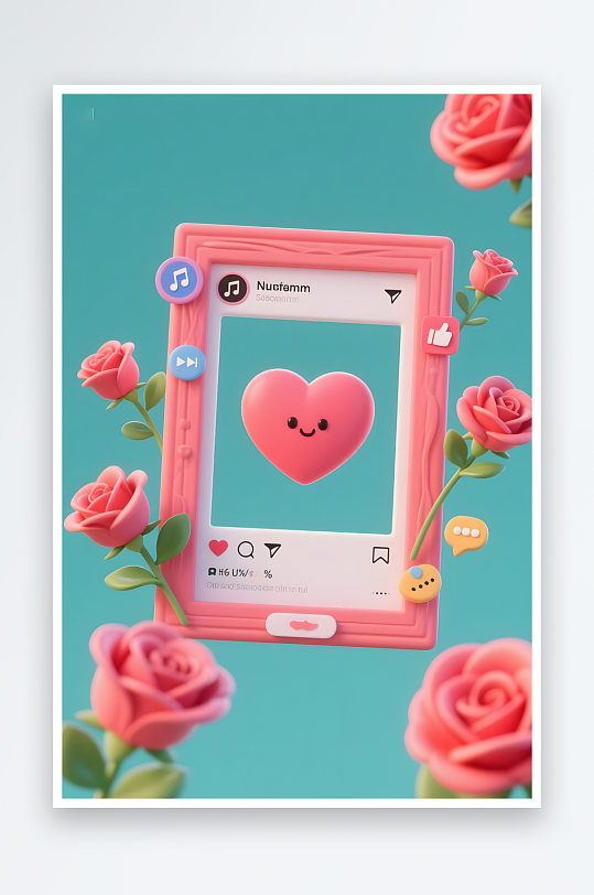 3D玫瑰花七夕情人节立体画框模型背景图