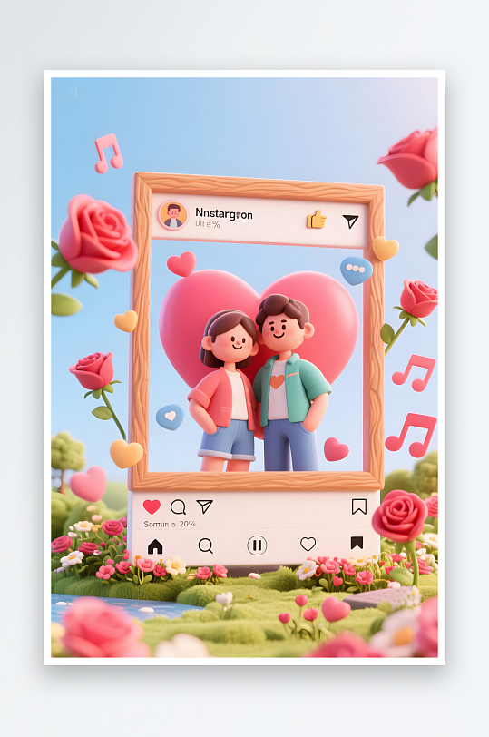 3D玫瑰花七夕情人节立体画框模型背景图