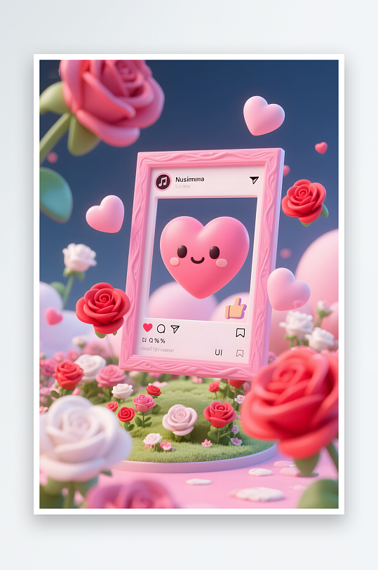 3D玫瑰花七夕情人节立体画框模型背景图