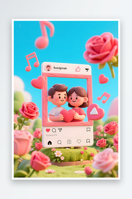 3D玫瑰花七夕情人节立体画框模型背景图
