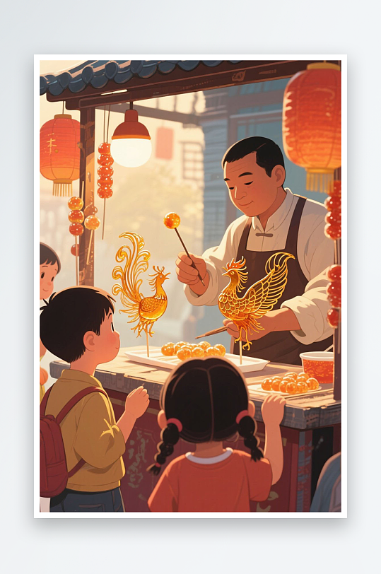 国潮龙图案中国传统非遗糖画插画