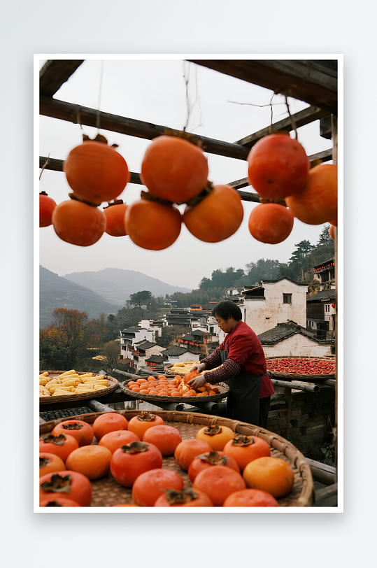 南瓜柿子江西婺源晒秋秋季丰收摄影图