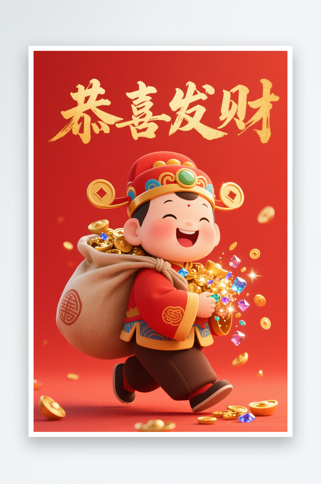 国风發發發恭喜发财新年财神爷插画素材