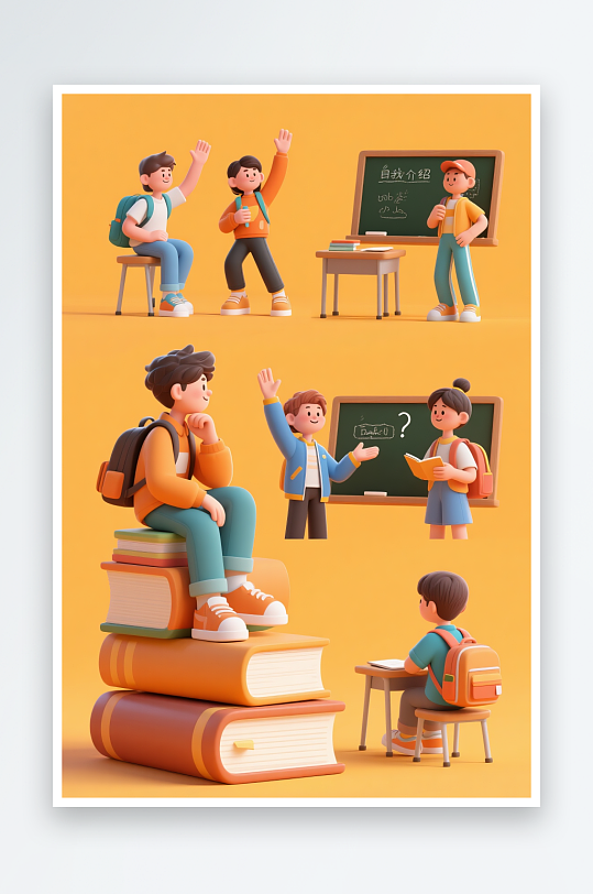 同学交朋友开学季人物动作贴图元素插画-众图网