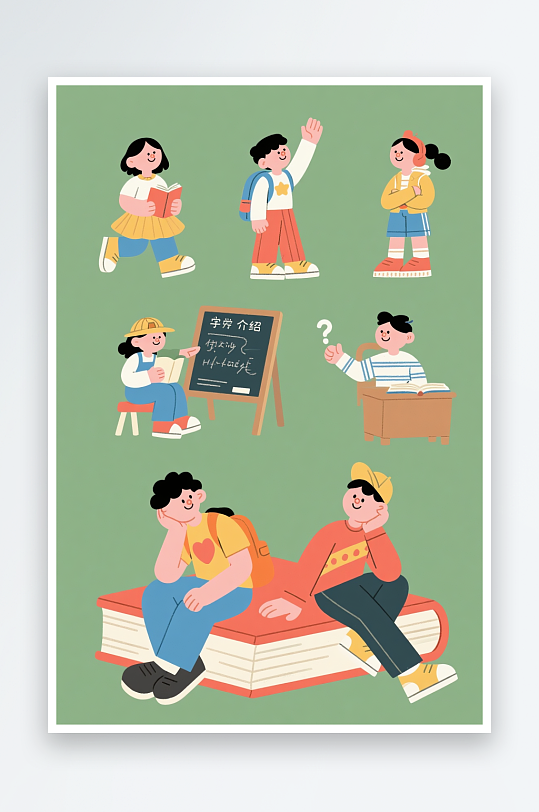 写作业开学季场景人物动作贴图元素插画-众图网