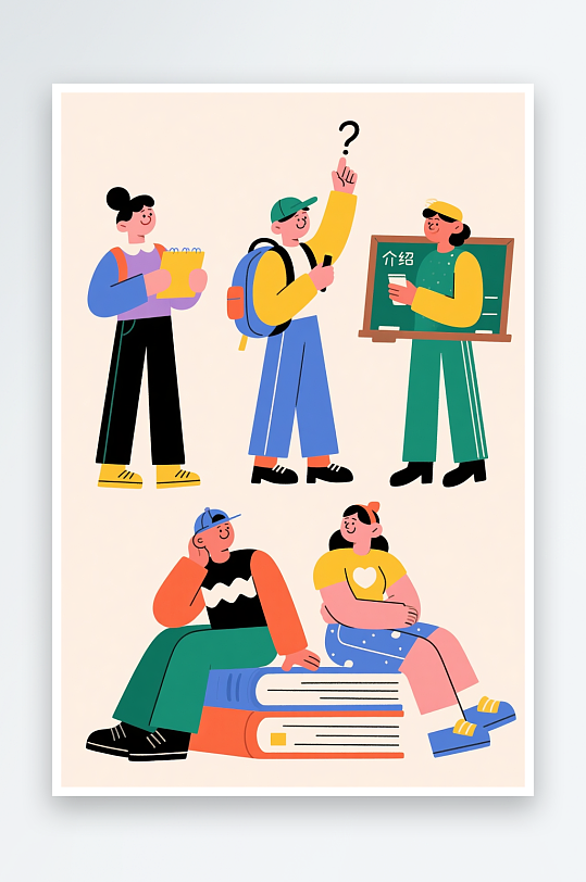 写作业开学季场景人物动作贴图元素插画-众图网
