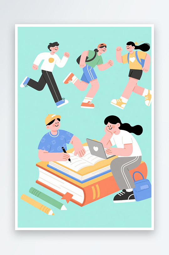 写作业开学季场景人物动作贴图元素插画-众图网