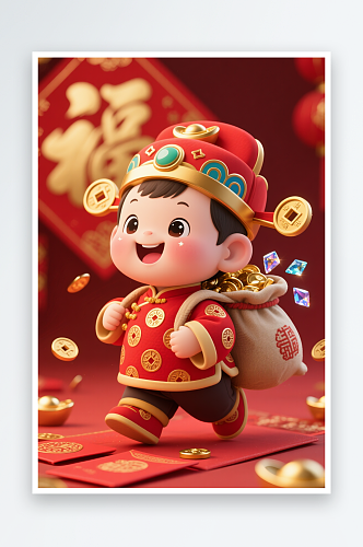 国风可爱新年散财童子儿童财神爷插画