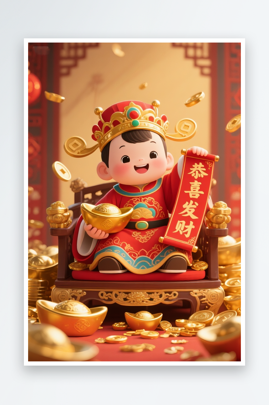 中式可爱拜新年散财童子儿童财神爷插画素材