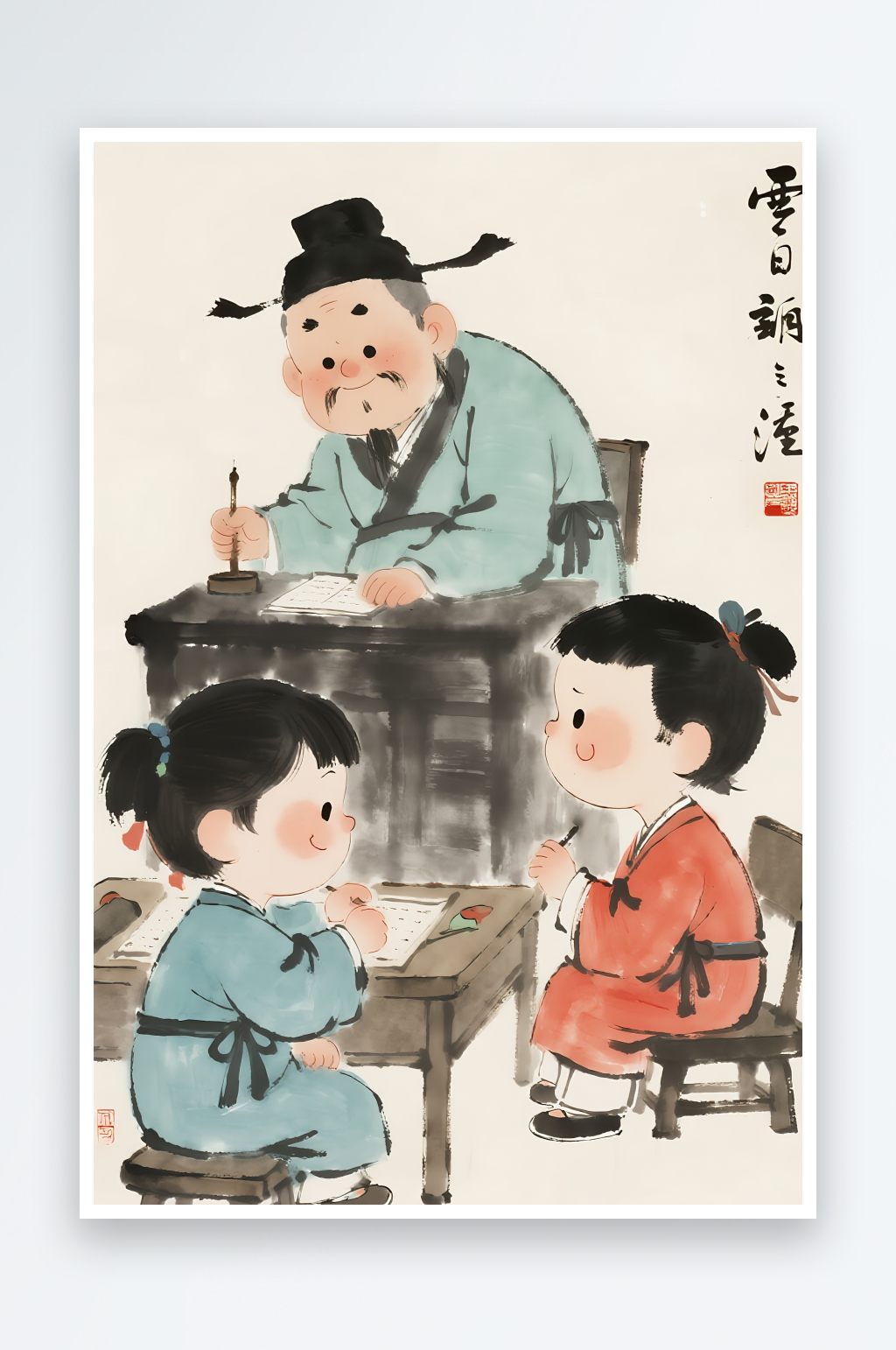 学生课堂举手开学季水墨画学生插画素材