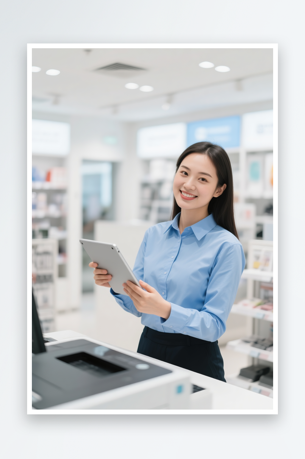 药店收银员微笑营业员收银员职业人物摄影图素材