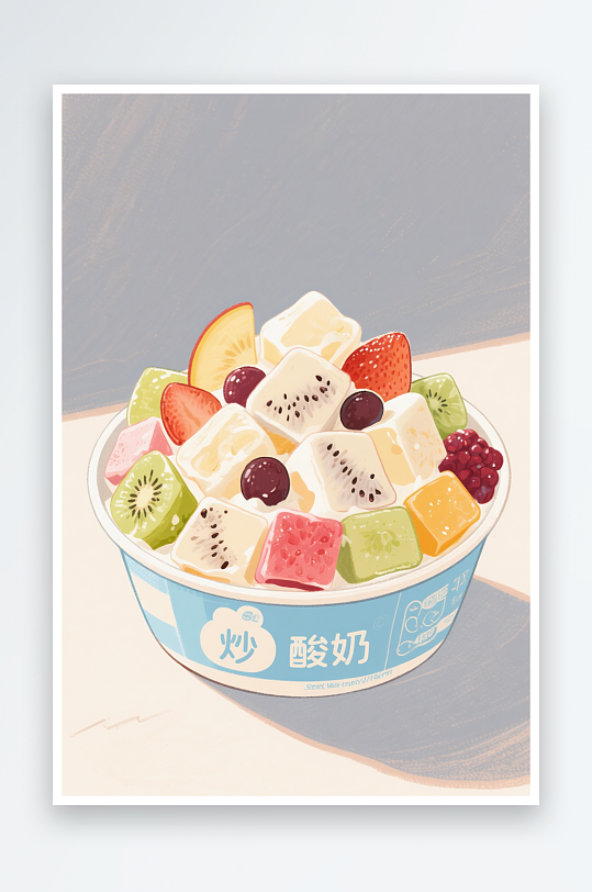 草莓多多炒酸奶小吃甜品插画