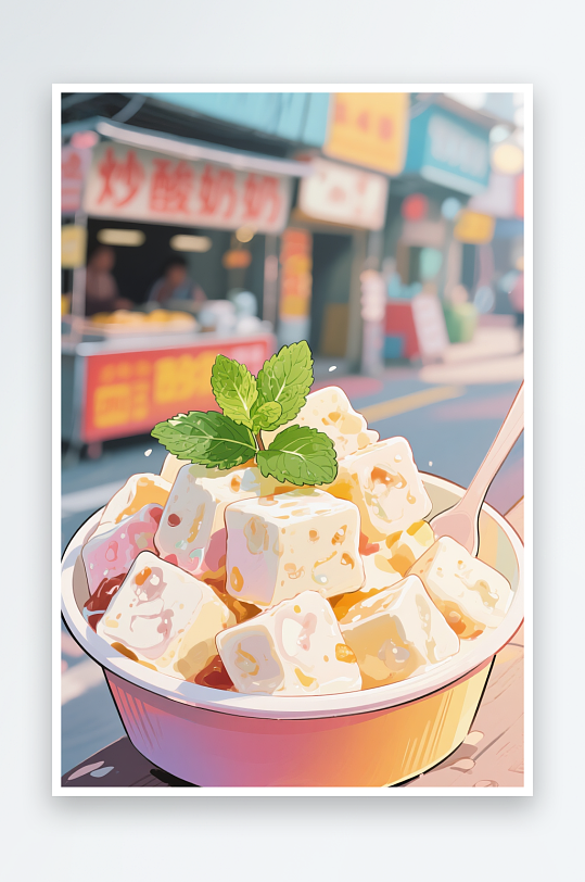 鲜炒芒果炒酸奶小吃甜品插画