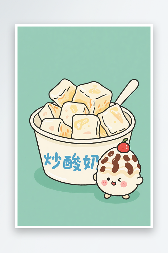 鲜炒芒果炒酸奶小吃甜品插画