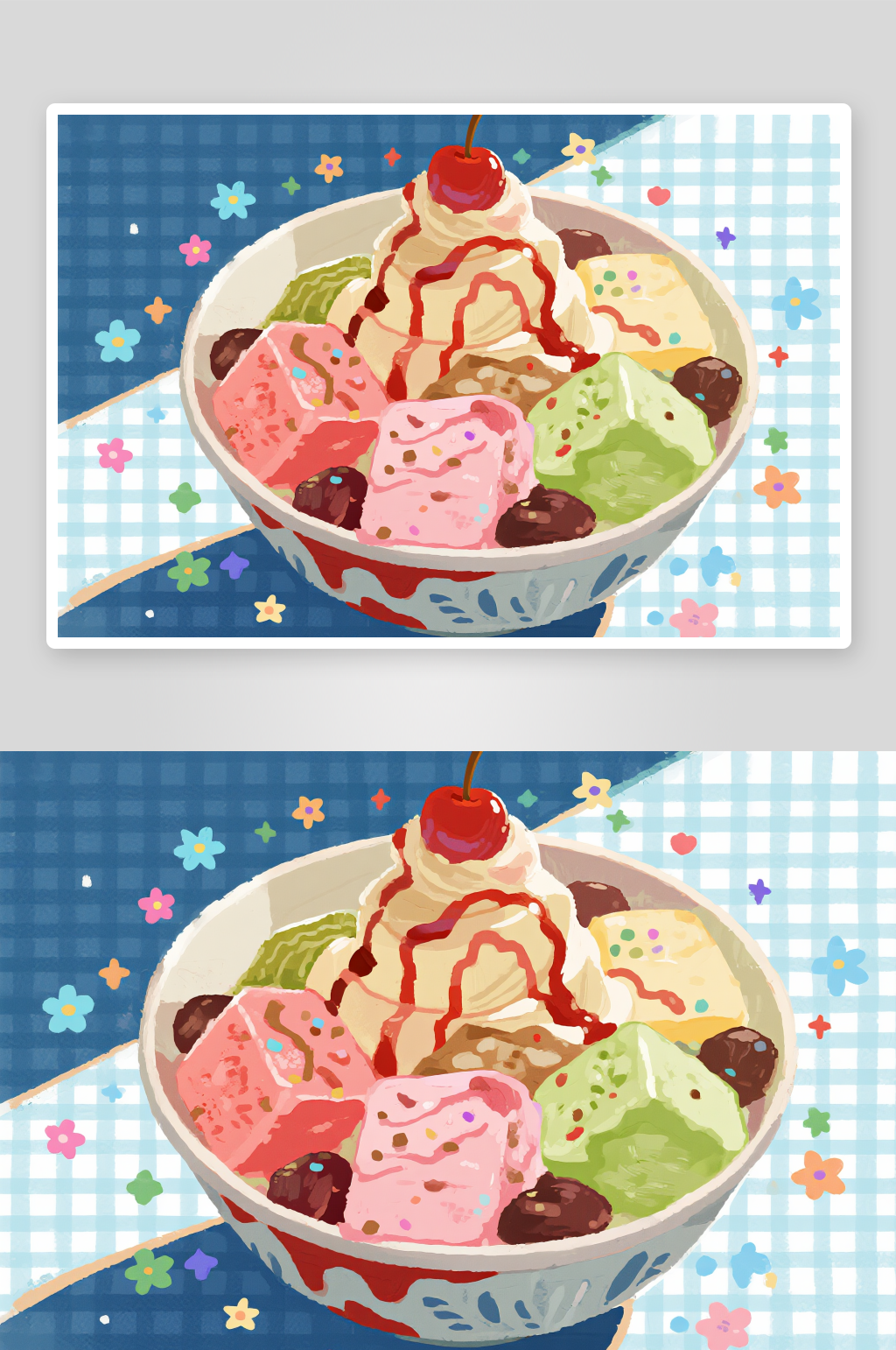 夏日美味鲜炒水果炒酸奶小吃甜品插画素材