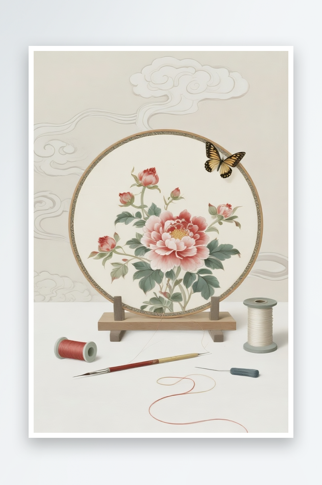 牡丹花古风绣花苏绣非遗传统插画元素素材