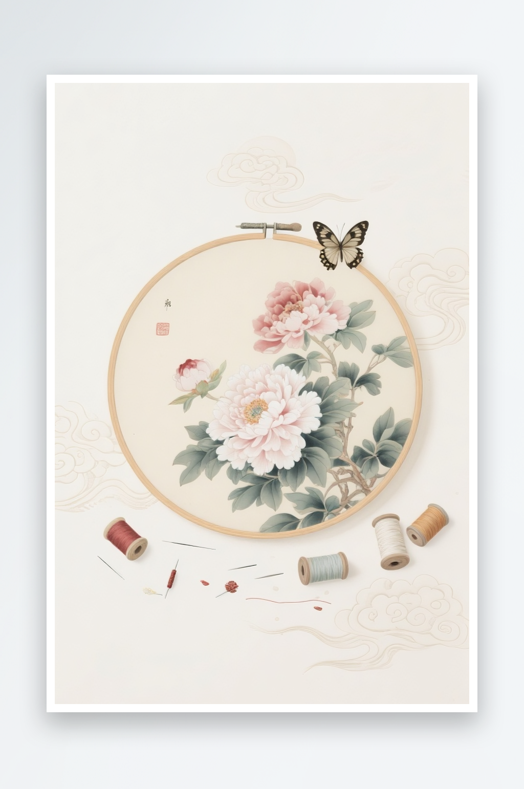 牡丹花古风绣花苏绣非遗传统插画元素素材
