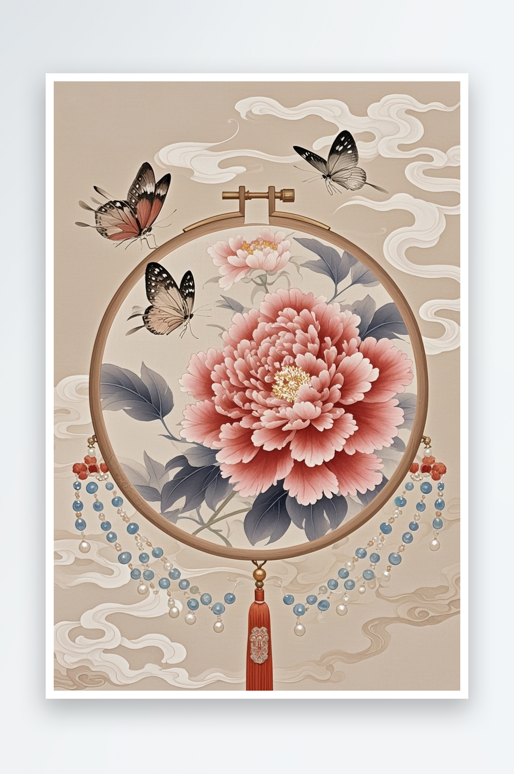 牡丹花古风绣花苏绣非遗传统插画元素素材