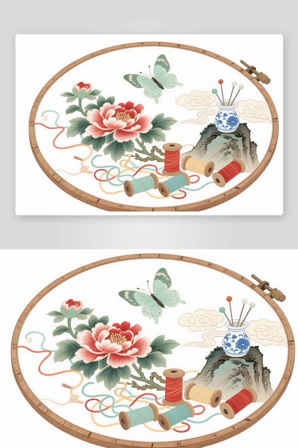牡丹花古风绣花苏绣非遗传统插画元素素材