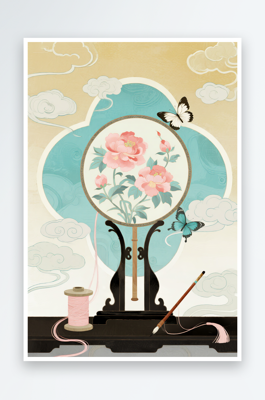 牡丹花古风绣花苏绣非遗传统插画元素素材