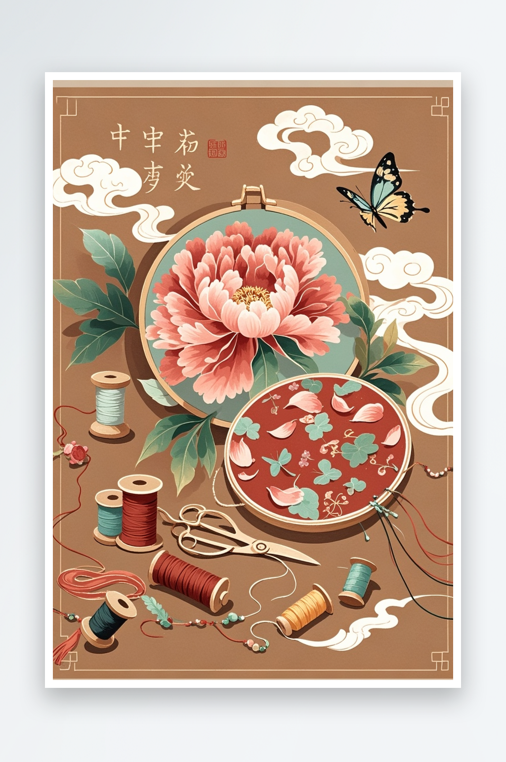 牡丹花古风绣花苏绣非遗传统插画元素素材