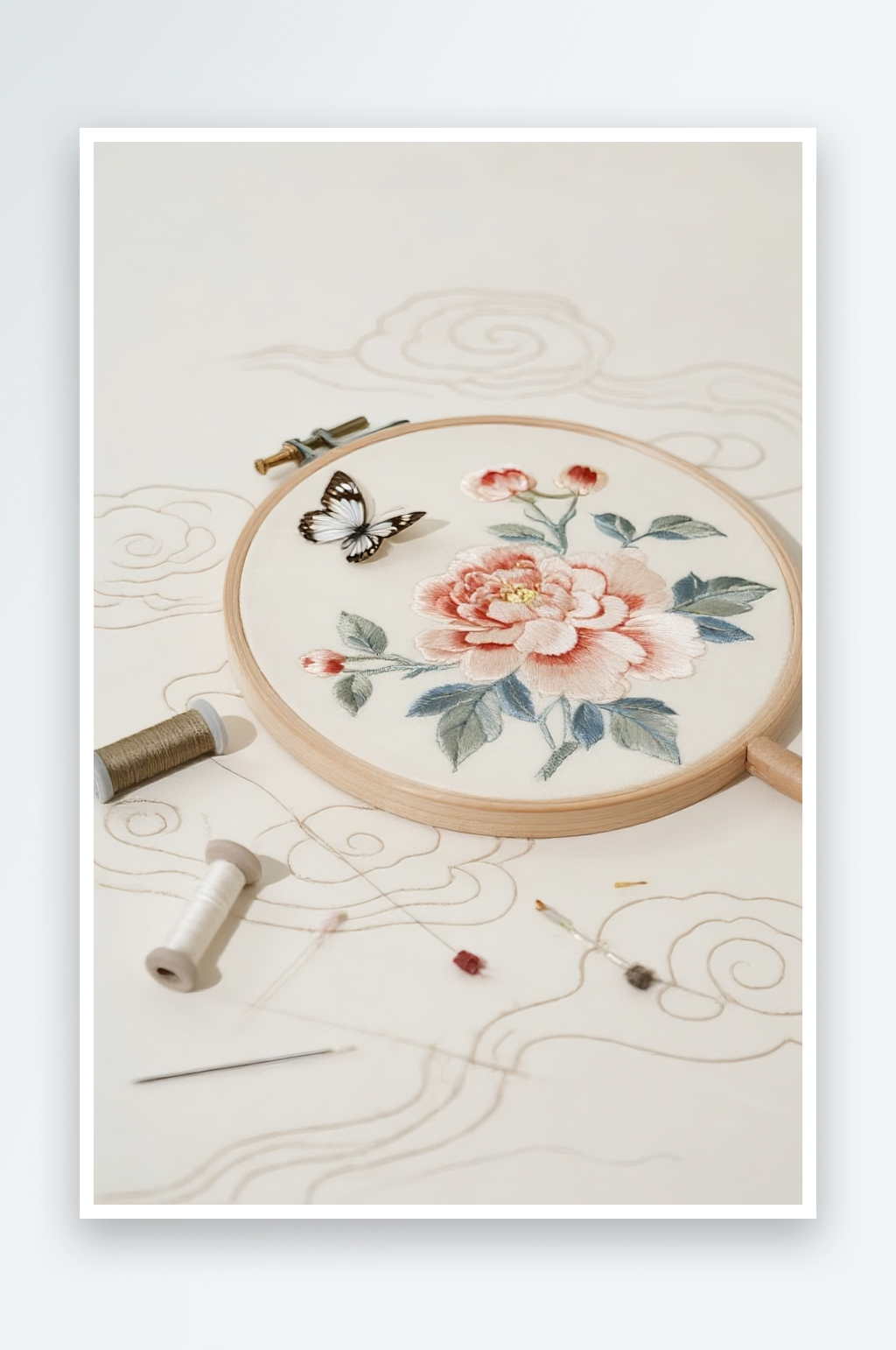 牡丹花古风绣花苏绣非遗传统插画元素素材