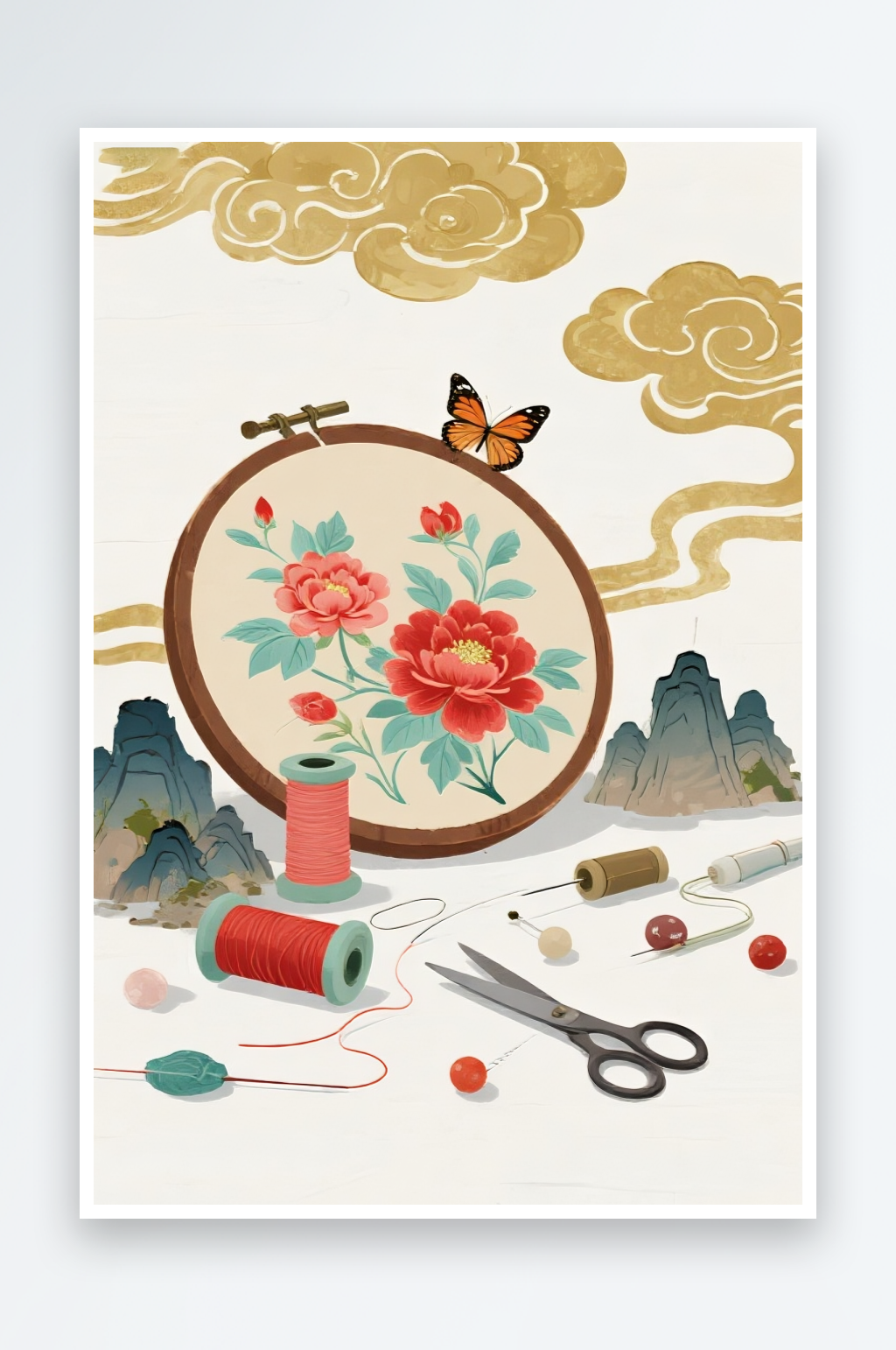 牡丹花古风绣花苏绣非遗传统插画元素素材