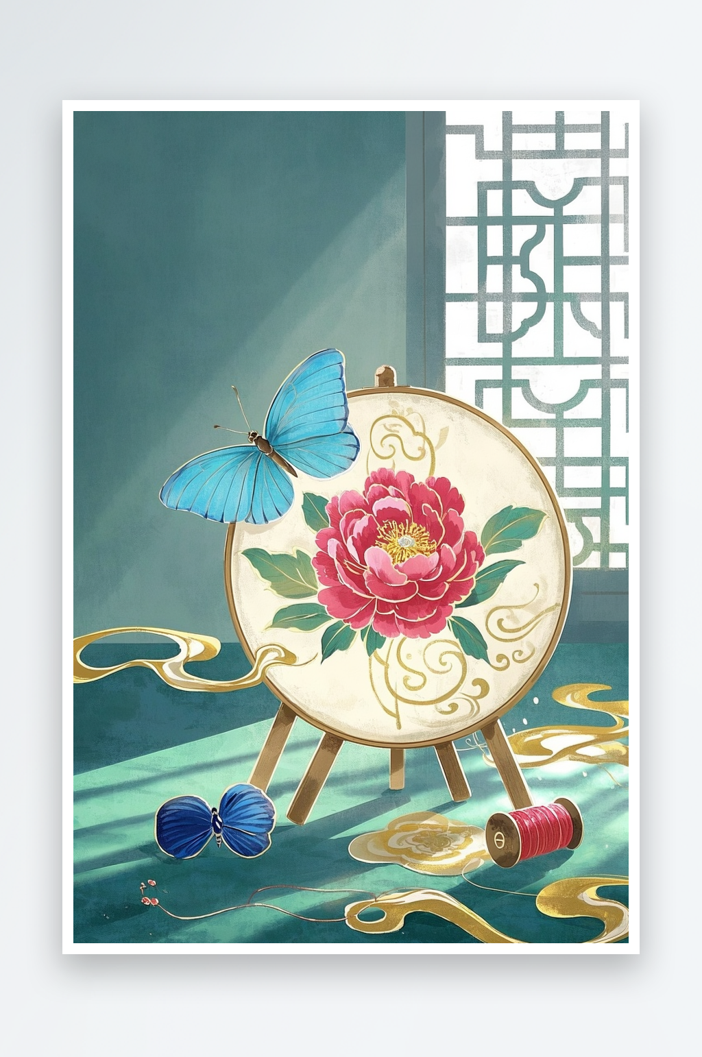 牡丹花古风绣花苏绣非遗传统插画元素素材