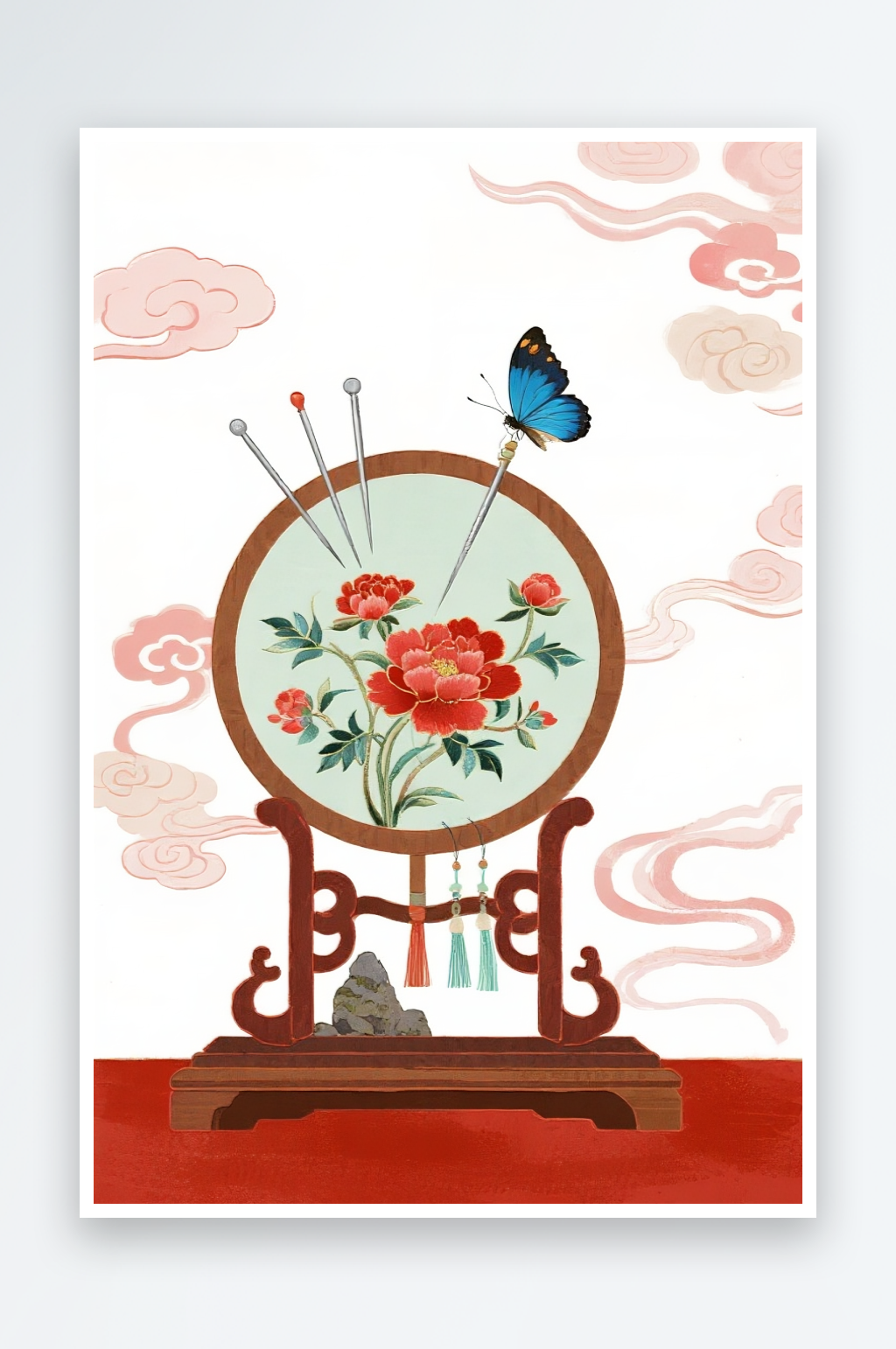 牡丹花古风绣花苏绣非遗传统插画元素素材