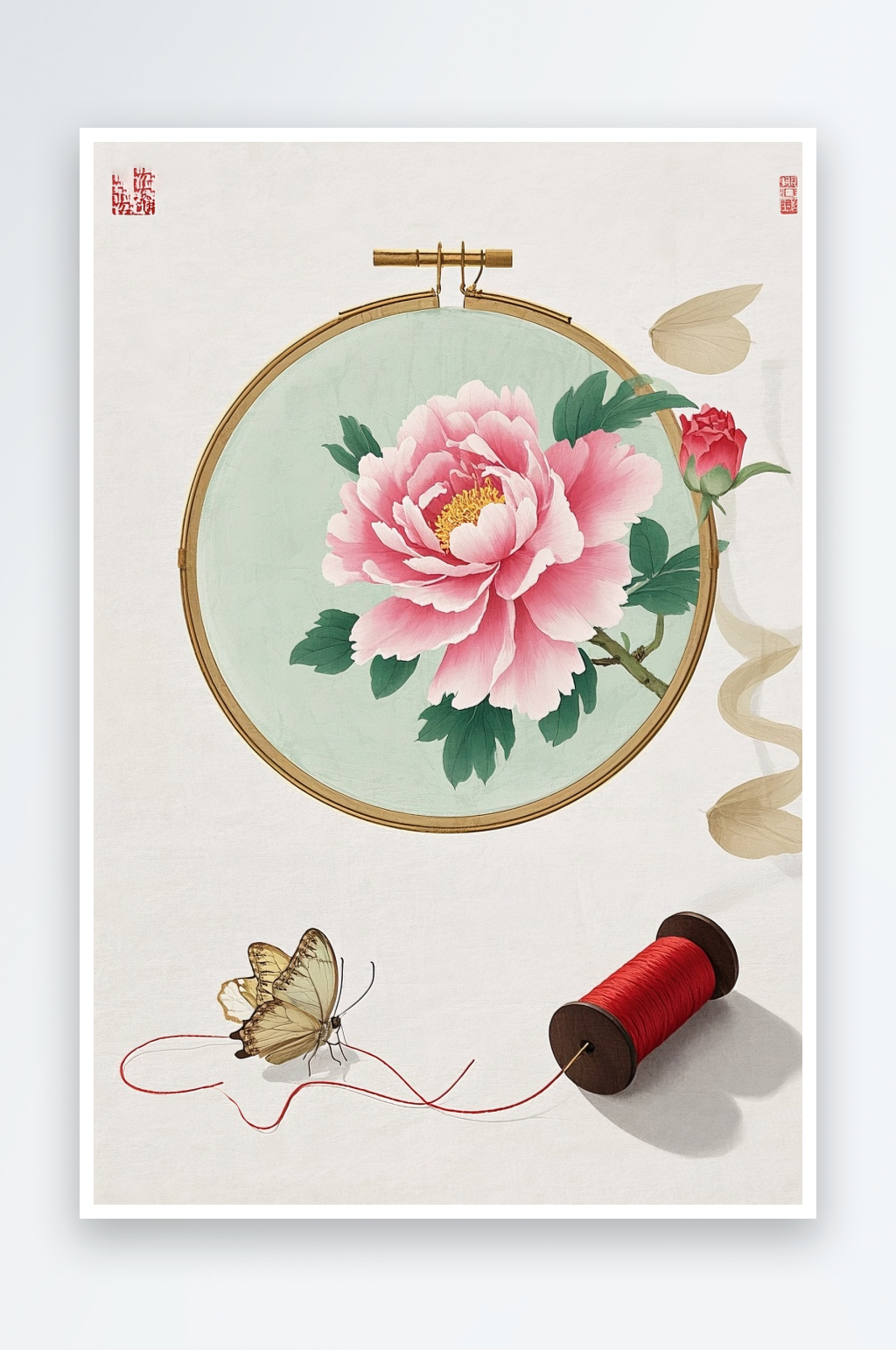 牡丹花古风绣花苏绣非遗传统插画元素素材