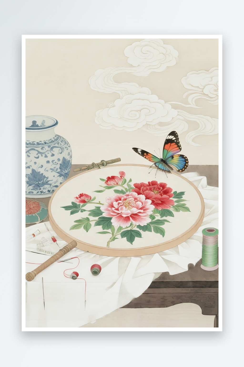 牡丹花古风绣花苏绣非遗传统插画元素素材