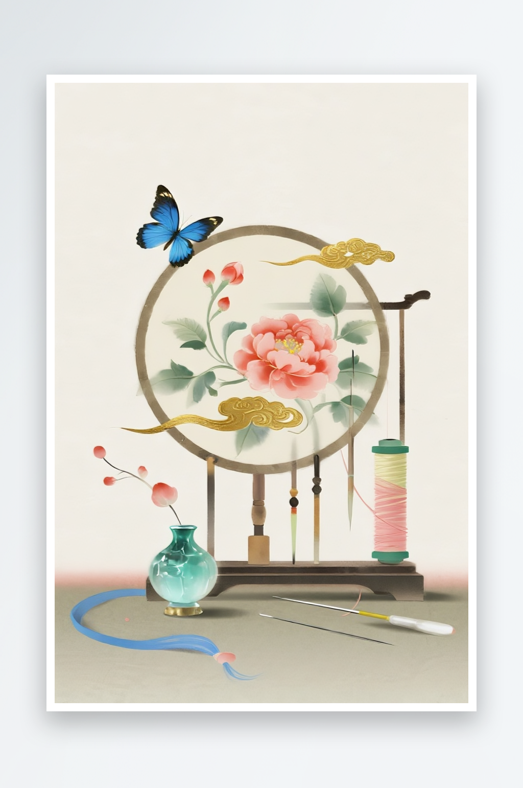 绣娘纹样蝴蝶古风绣花苏绣非遗传统插画元素素材