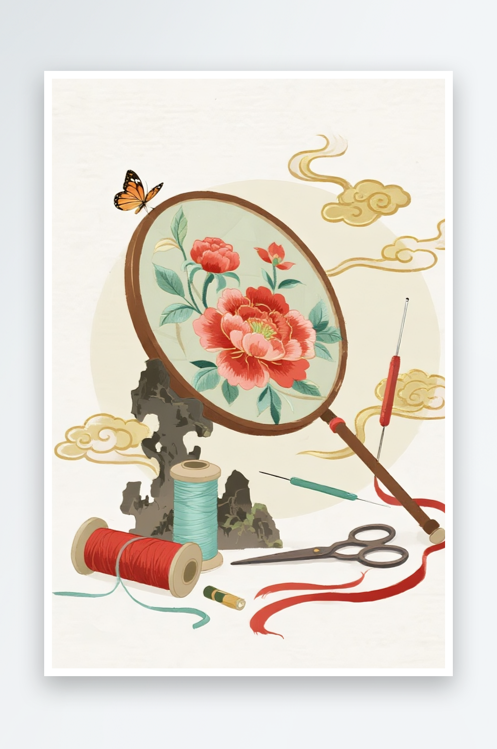 绣娘纹样蝴蝶古风绣花苏绣非遗传统插画元素素材