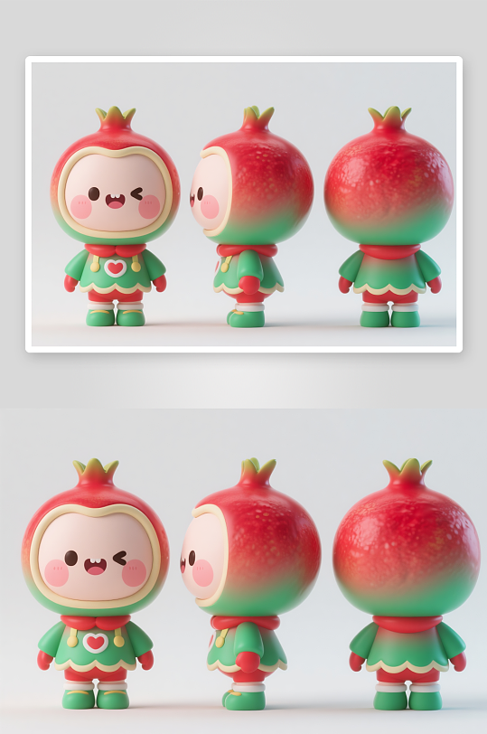 石榴芒果苹果水果卡通人物IP三视图插画