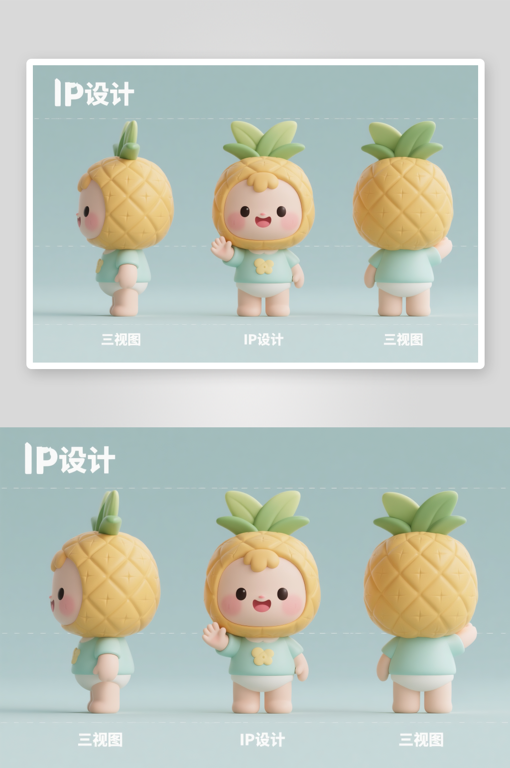榴莲菠萝水果卡通人物IP三视图插画素材