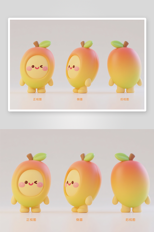 芒果西瓜果卡通人物IP三视图插画