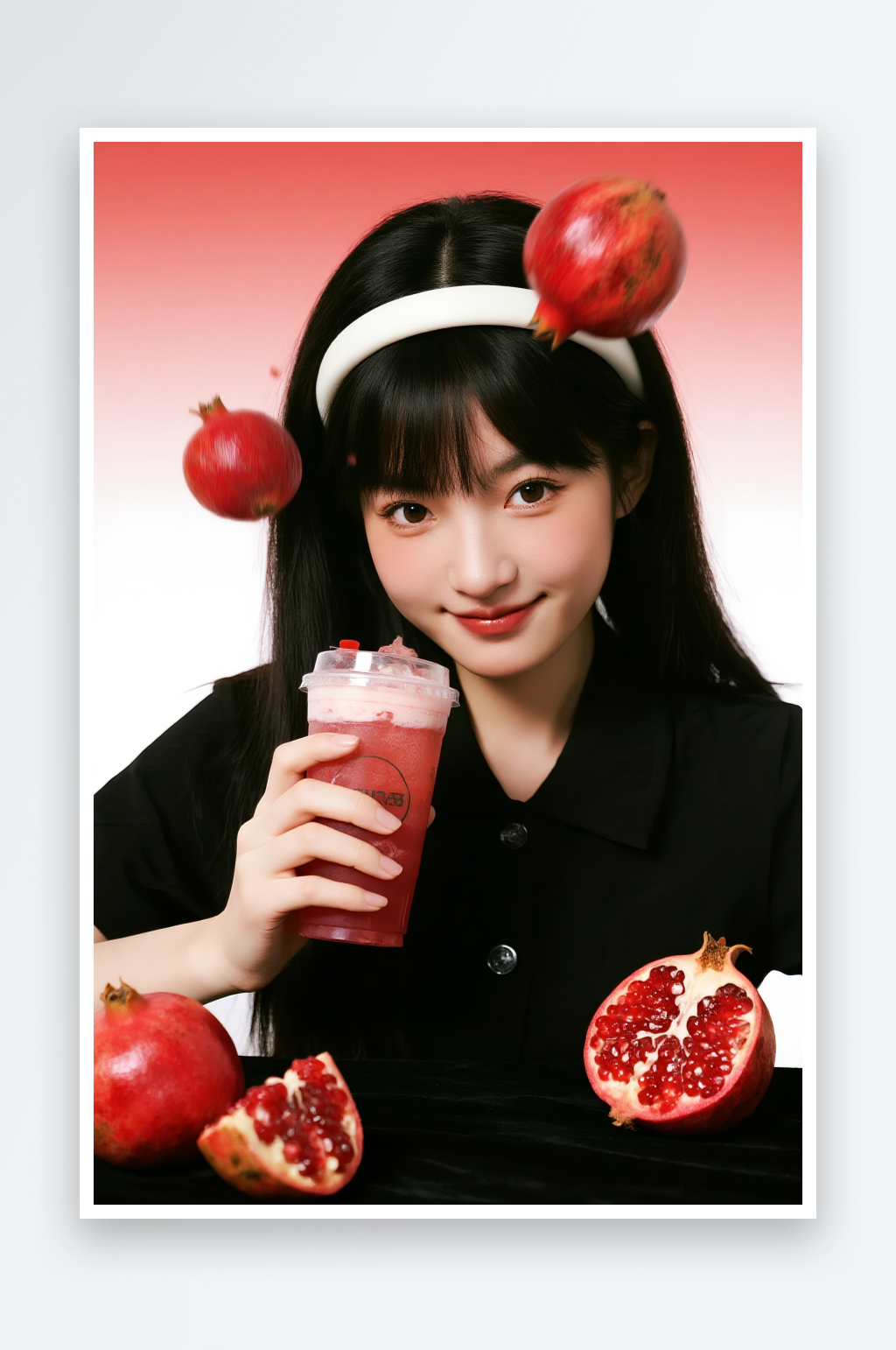 美女喝石榴奶茶咖啡饮品水果摄影图素材